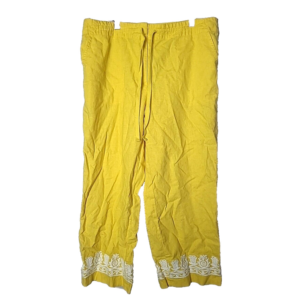 Talbots Yellow Embroidered Floral Linen Wide Leg Cropped Pants Womans SZ 12